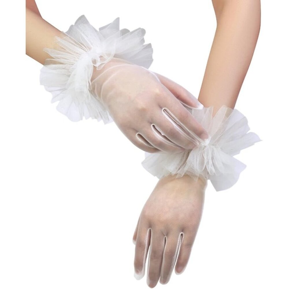Women's White Short Fabrics Ruffle Tulle Mesh Sheer Gloves Wedding Party Prom